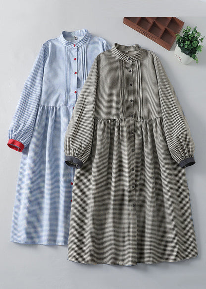 French Blue Plaid Button Cotton Shirts Dress Spring