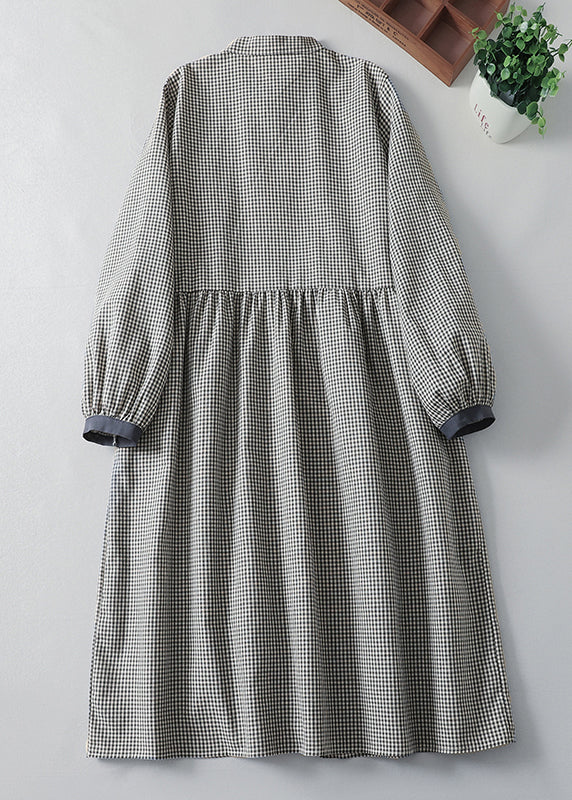 French Blue Plaid Button Cotton Shirts Dress Spring