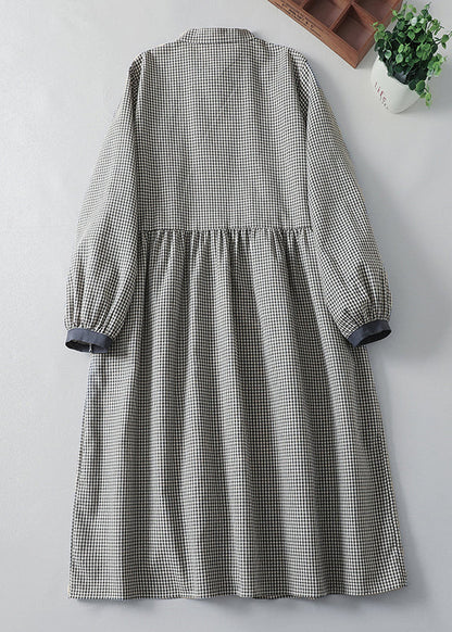 French Blue Plaid Button Cotton Shirts Dress Spring