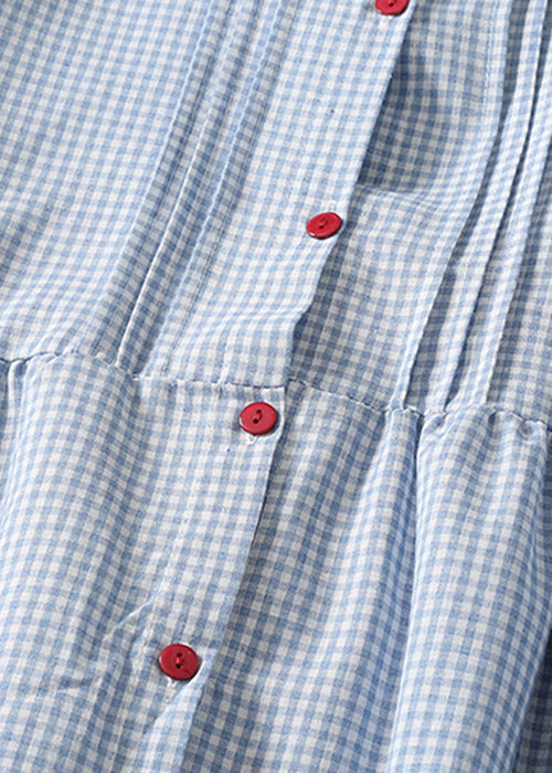 French Blue Plaid Button Cotton Shirts Dress Spring