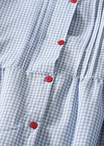 French Blue Plaid Button Cotton Shirts Dress Spring