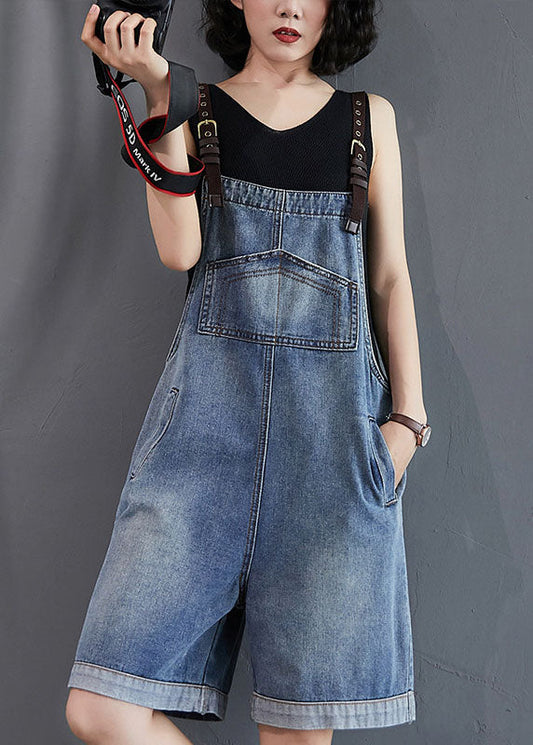 French Blue Pockets Denim Overalls Jumpsuit Summer