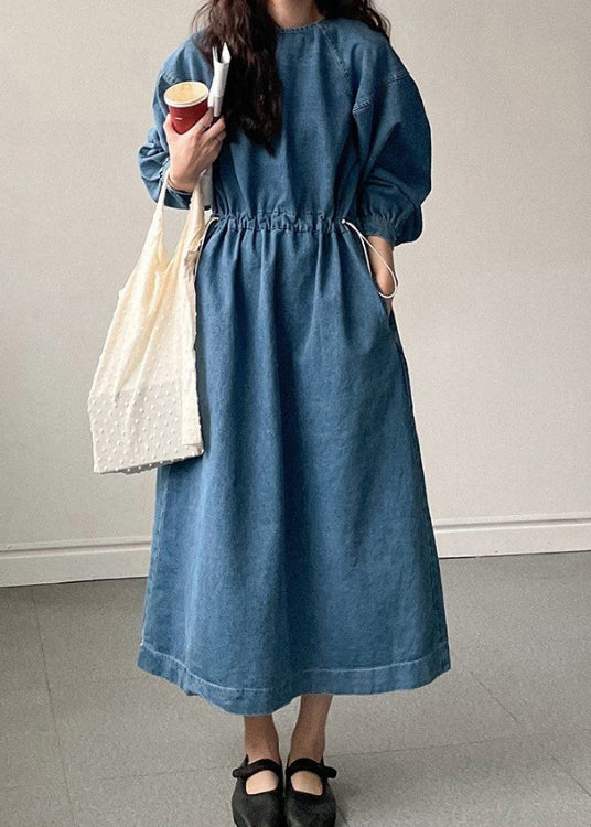 French Blue Pockets Drawstring Denim Long Dresses Spring