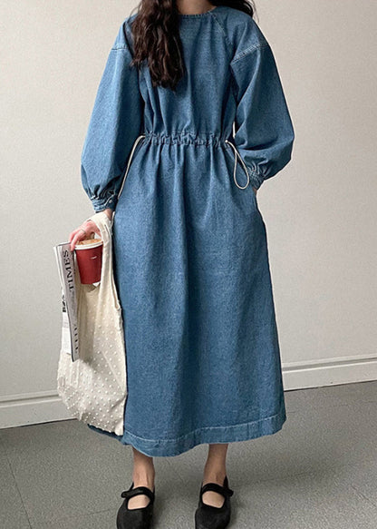 French Blue Pockets Drawstring Denim Long Dresses Spring