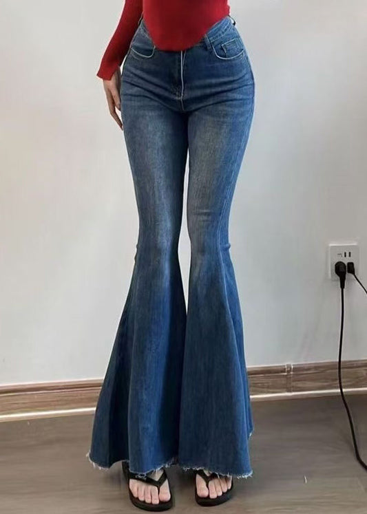 French Blue Pockets High Waist Denim Flared Trousers Spring