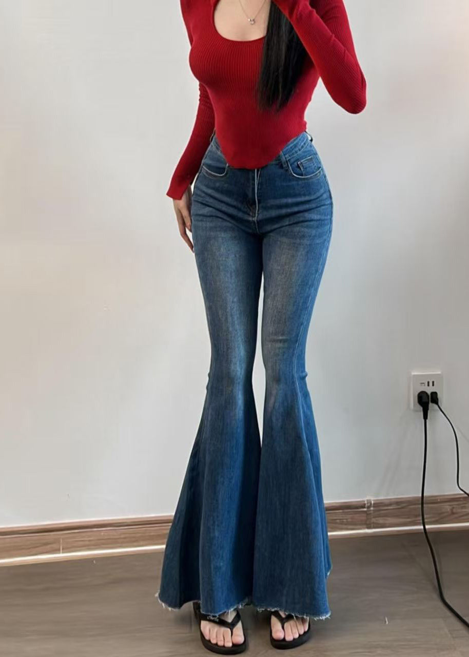 French Blue Pockets High Waist Denim Flared Trousers Spring