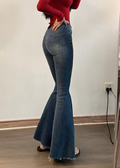 French Blue Pockets High Waist Denim Flared Trousers Spring