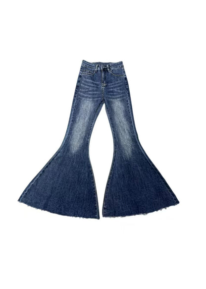French Blue Pockets High Waist Denim Flared Trousers Spring