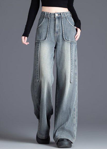 French Blue Pockets Jacquard Patchwork Denim Straight Spring