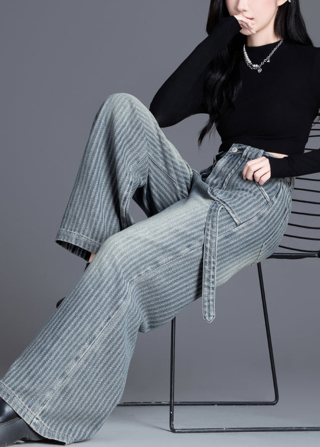 French Blue Pockets Jacquard Patchwork Denim Straight Spring