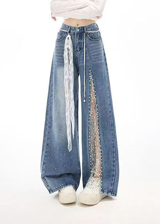 French Blue Pockets Lace Patchwork Zircon Jeans Spring