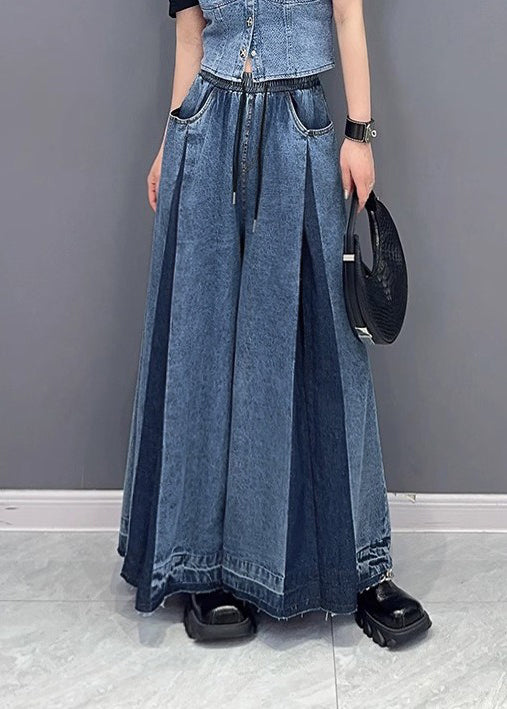 French Blue Pockets Wrinkled Patchwork Denim Wide Leg Pants Summer