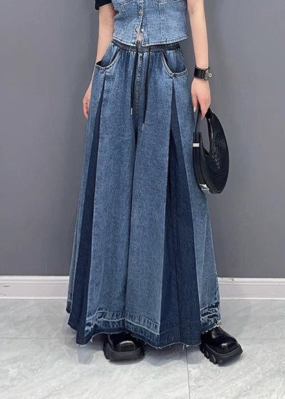 French Blue Pockets Wrinkled Patchwork Denim Wide Leg Pants Summer
