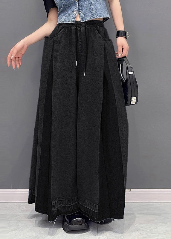 French Blue Pockets Wrinkled Patchwork Denim Wide Leg Pants Summer