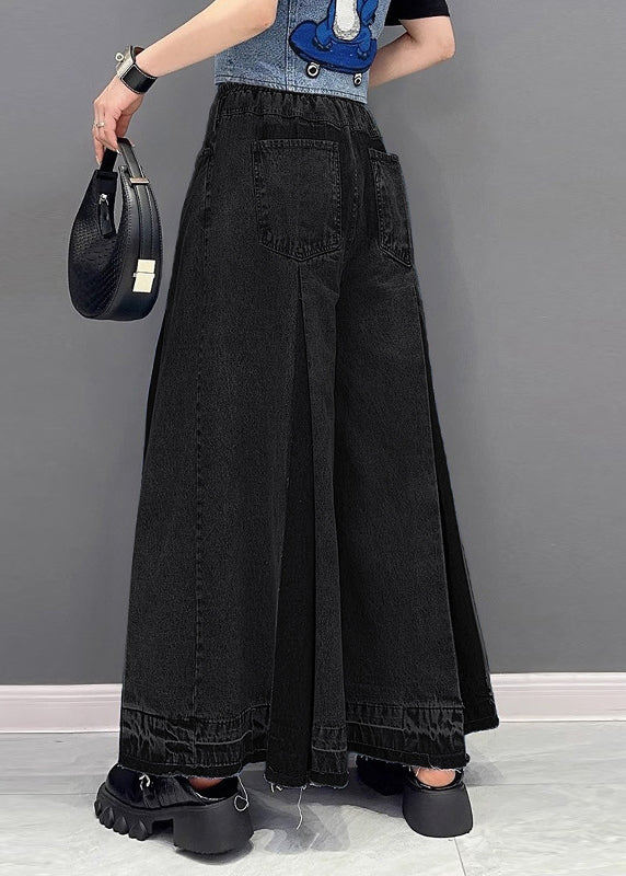 French Blue Pockets Wrinkled Patchwork Denim Wide Leg Pants Summer