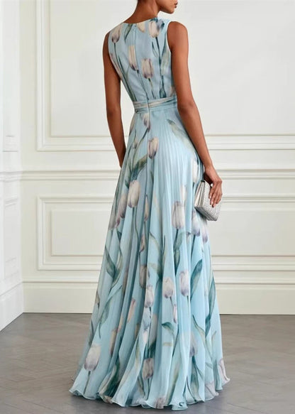 French Blue Print Exra Large Hem Chiffon Party Dresses Summer