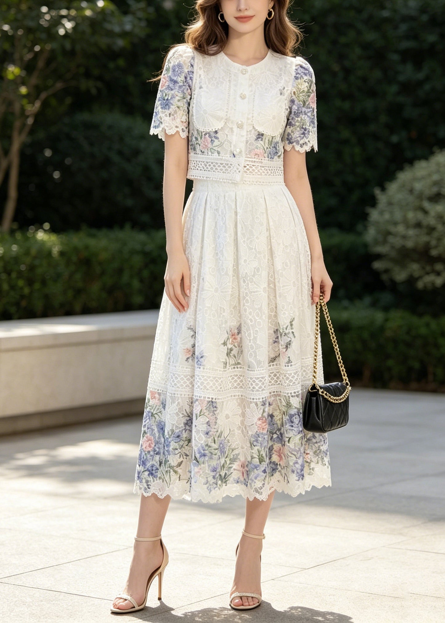 French Blue Print Lace Shirts And Skirts 2 Piece Outfit Summer
