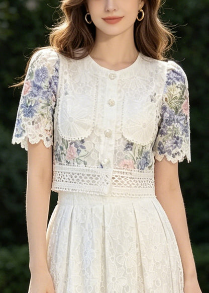 French Blue Print Lace Shirts And Skirts 2 Piece Outfit Summer
