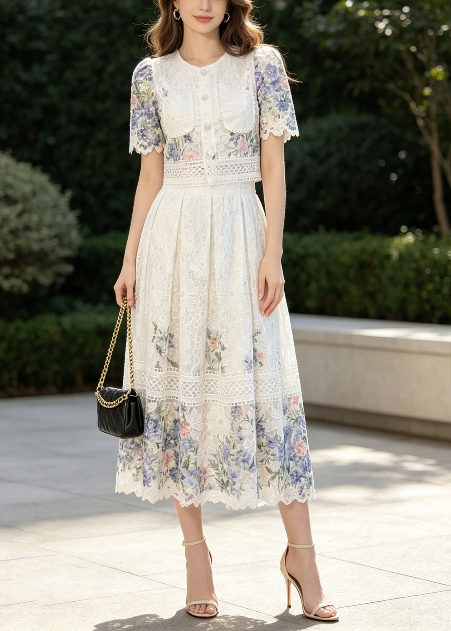French Blue Print Lace Shirts And Skirts 2 Piece Outfit Summer