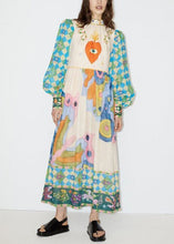 Load image into Gallery viewer, French Blue Print Lace Up Patchwork Cotton Dress Long Sleeve