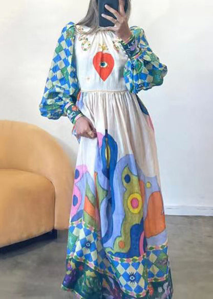 French Blue Print Lace Up Patchwork Cotton Dress Long Sleeve