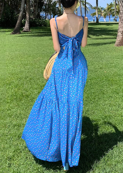 French Blue Print Patchwork Maxi Spaghetti Strap Dress Summer