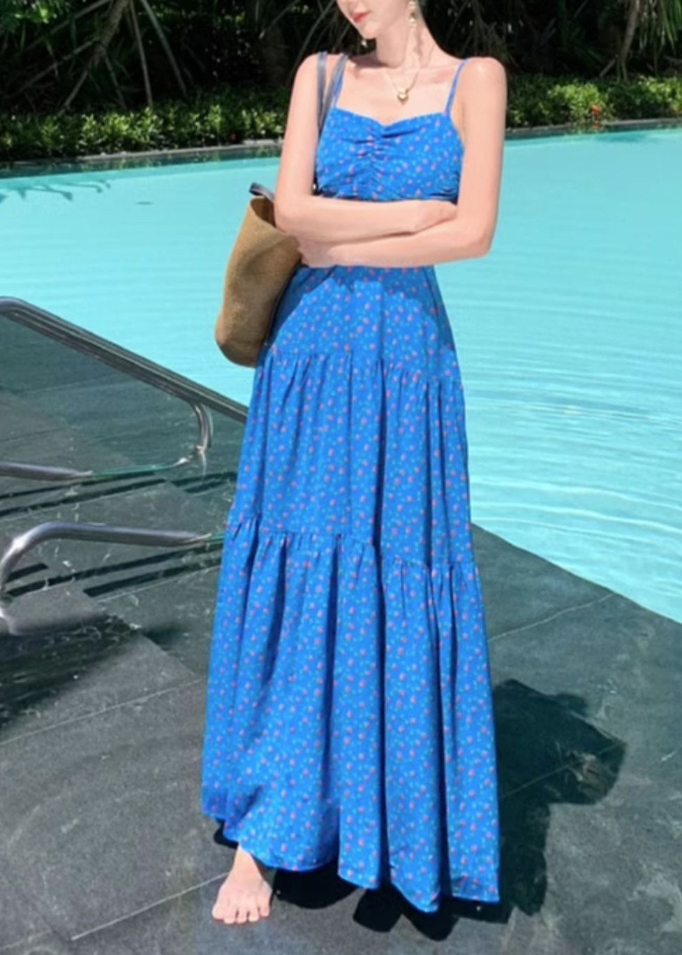 French Blue Print Patchwork Maxi Spaghetti Strap Dress Summer