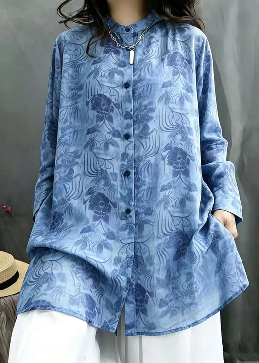 French Blue Print Stand Collar Long Blouse Top Spring