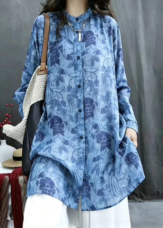 French Blue Print Stand Collar Long Blouse Top Spring