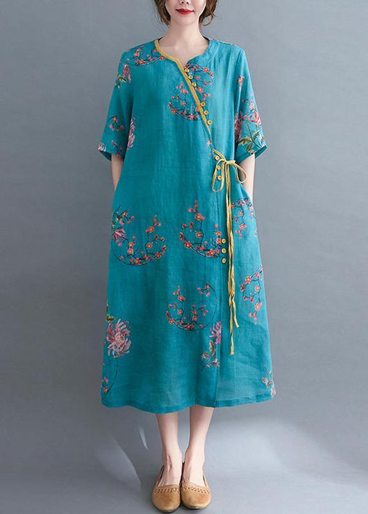 French Blue Print tie waist Mid Summer Cotton Dress - SooLinen