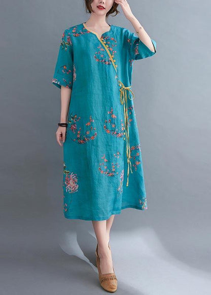 French Blue Print tie waist Mid Summer Cotton Dress - SooLinen