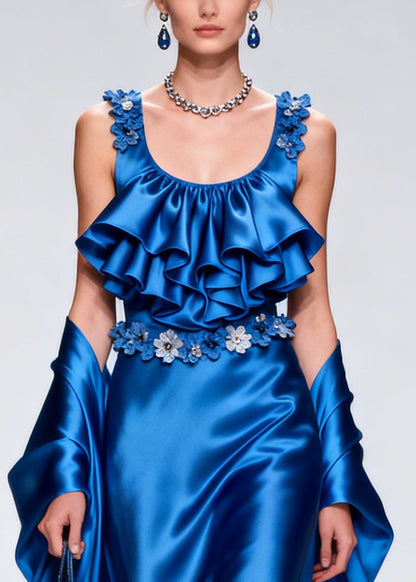 French Blue Ruffled Exra Large Hem Silk Party Dresses Summer
