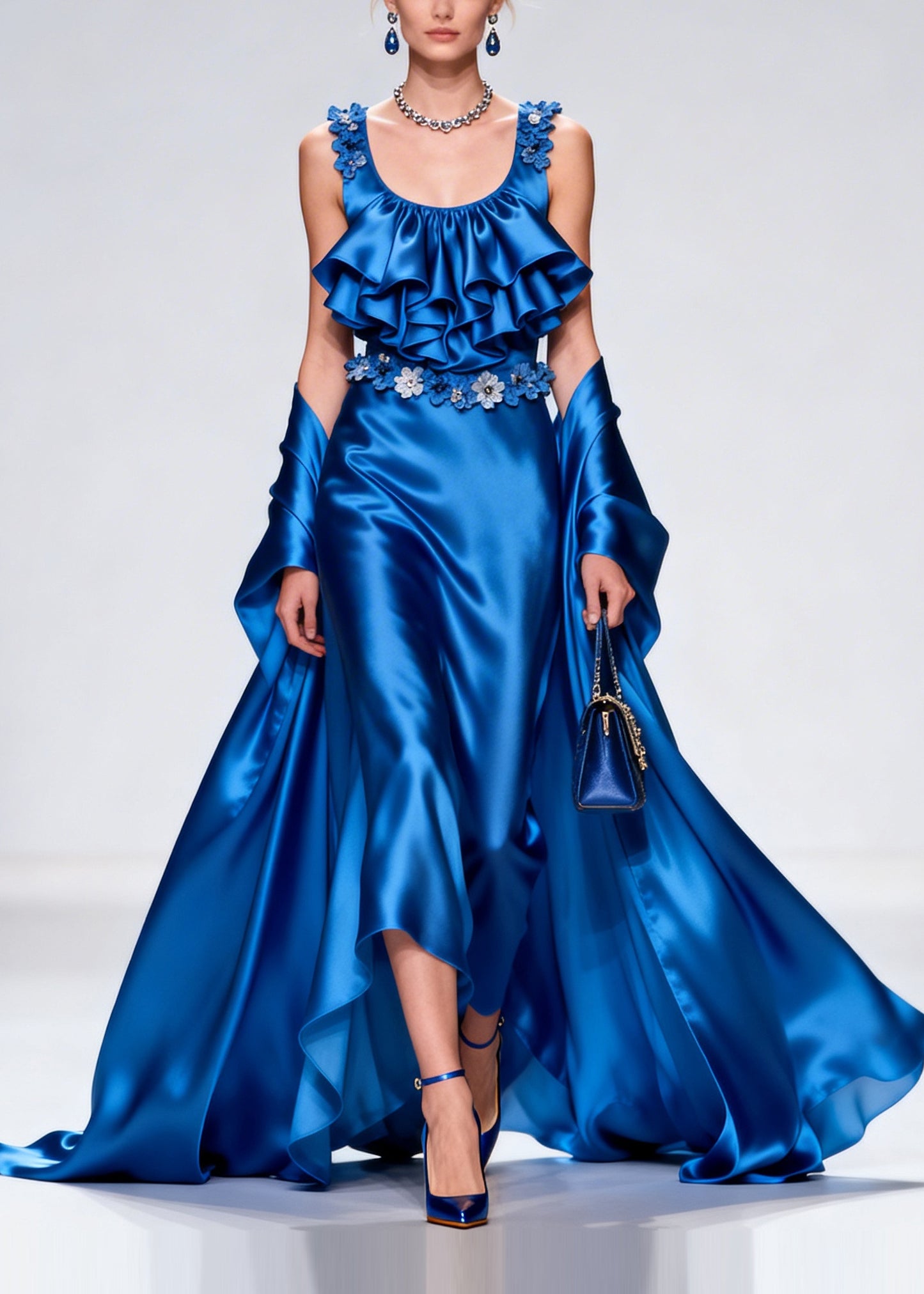 French Blue Ruffled Exra Large Hem Silk Party Dresses Summer