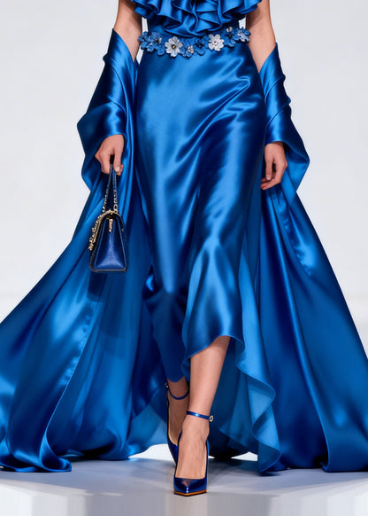French Blue Ruffled Exra Large Hem Silk Party Dresses Summer