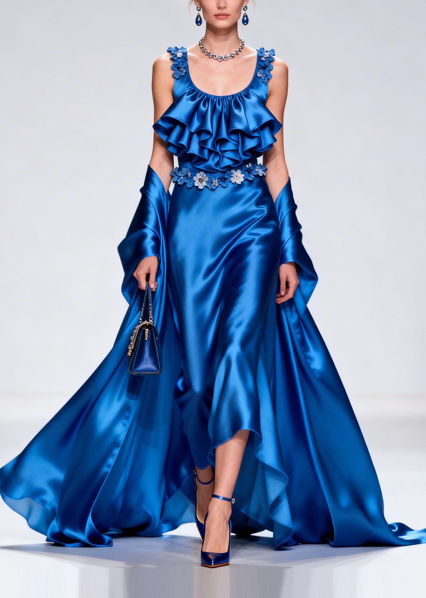 French Blue Ruffled Exra Large Hem Silk Party Dresses Summer