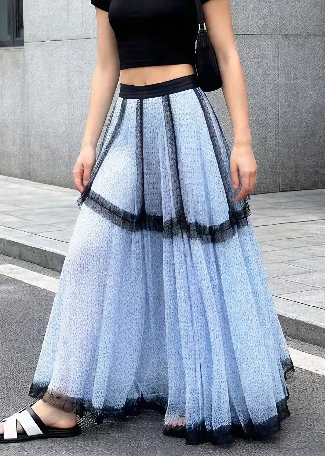 French Blue Ruffled Patchwork Tulle Skirts Summer