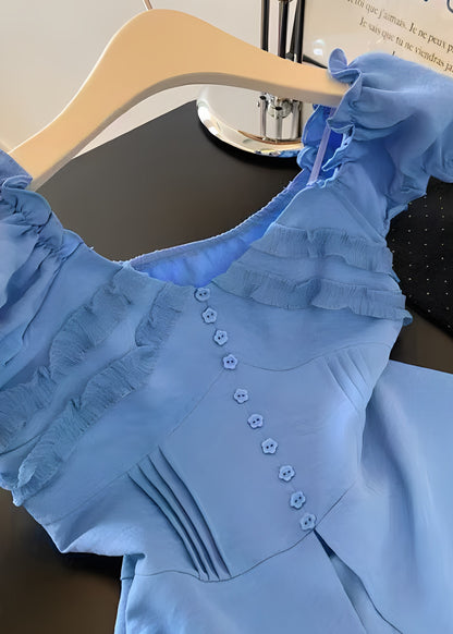 French Blue Ruffled Side Open Cotton Shirt Top Summer