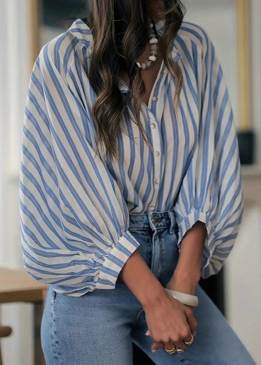 French Blue Ruffled Striped Cotton Shirt Lantern Sleeve