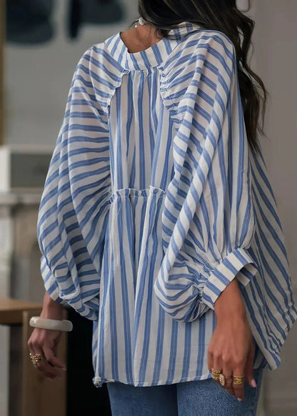 French Blue Ruffled Striped Cotton Shirt Lantern Sleeve