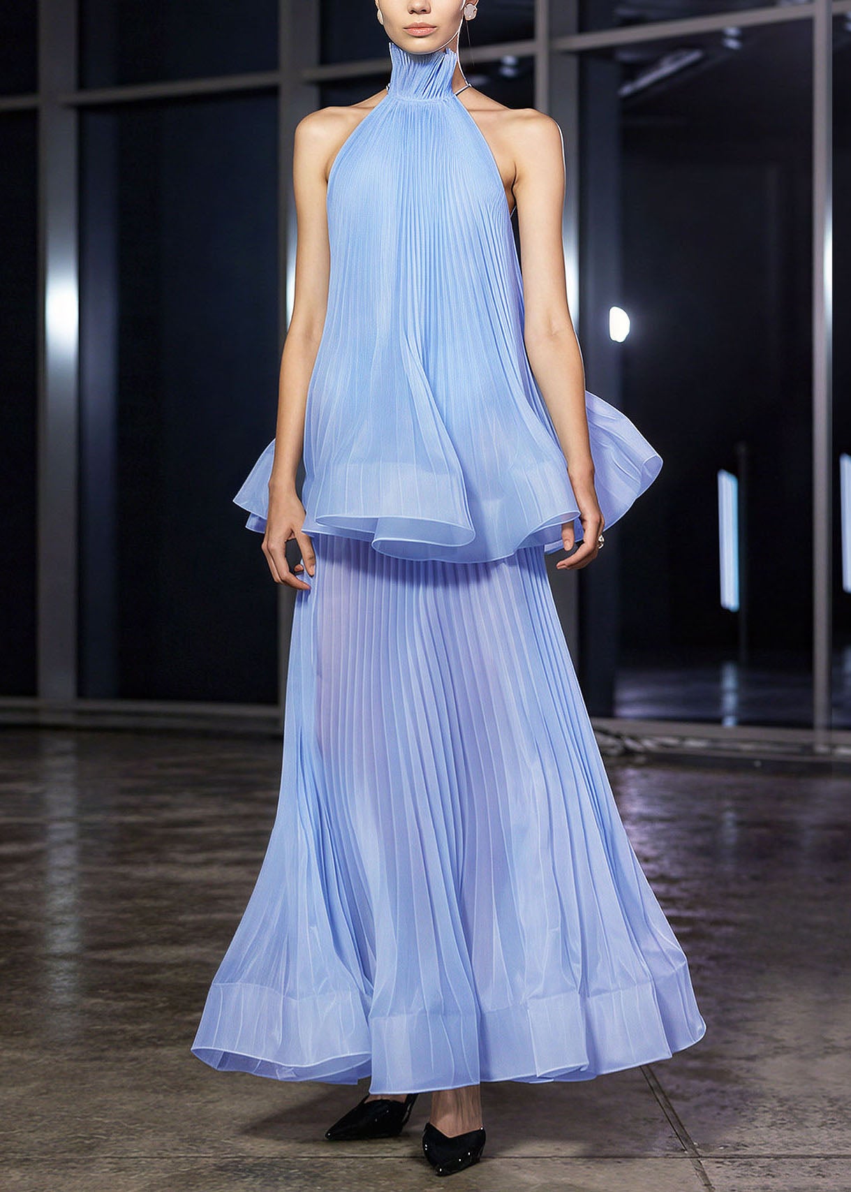 French Blue Ruffled Wrinkled Patchwork Cotton Dress Summer