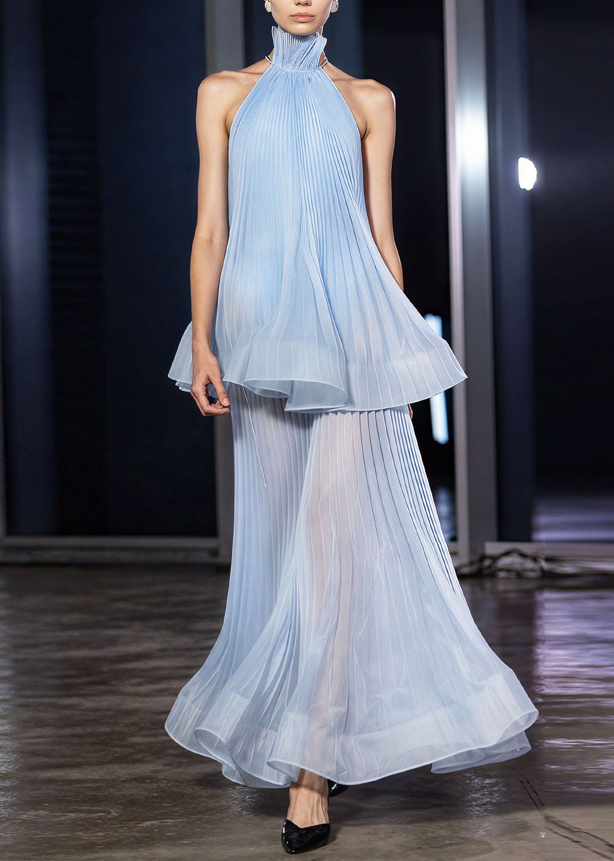 French Blue Ruffled Wrinkled Patchwork Cotton Dress Summer