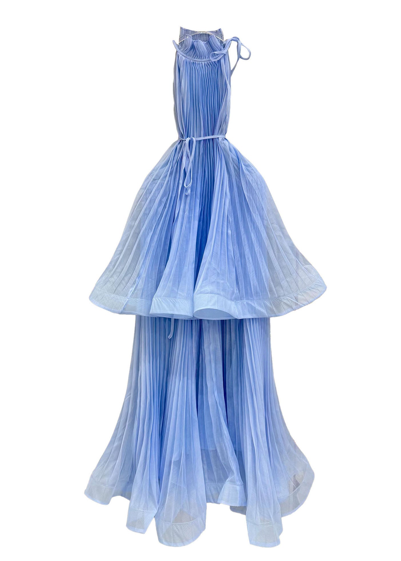 French Blue Ruffled Wrinkled Patchwork Cotton Dress Summer