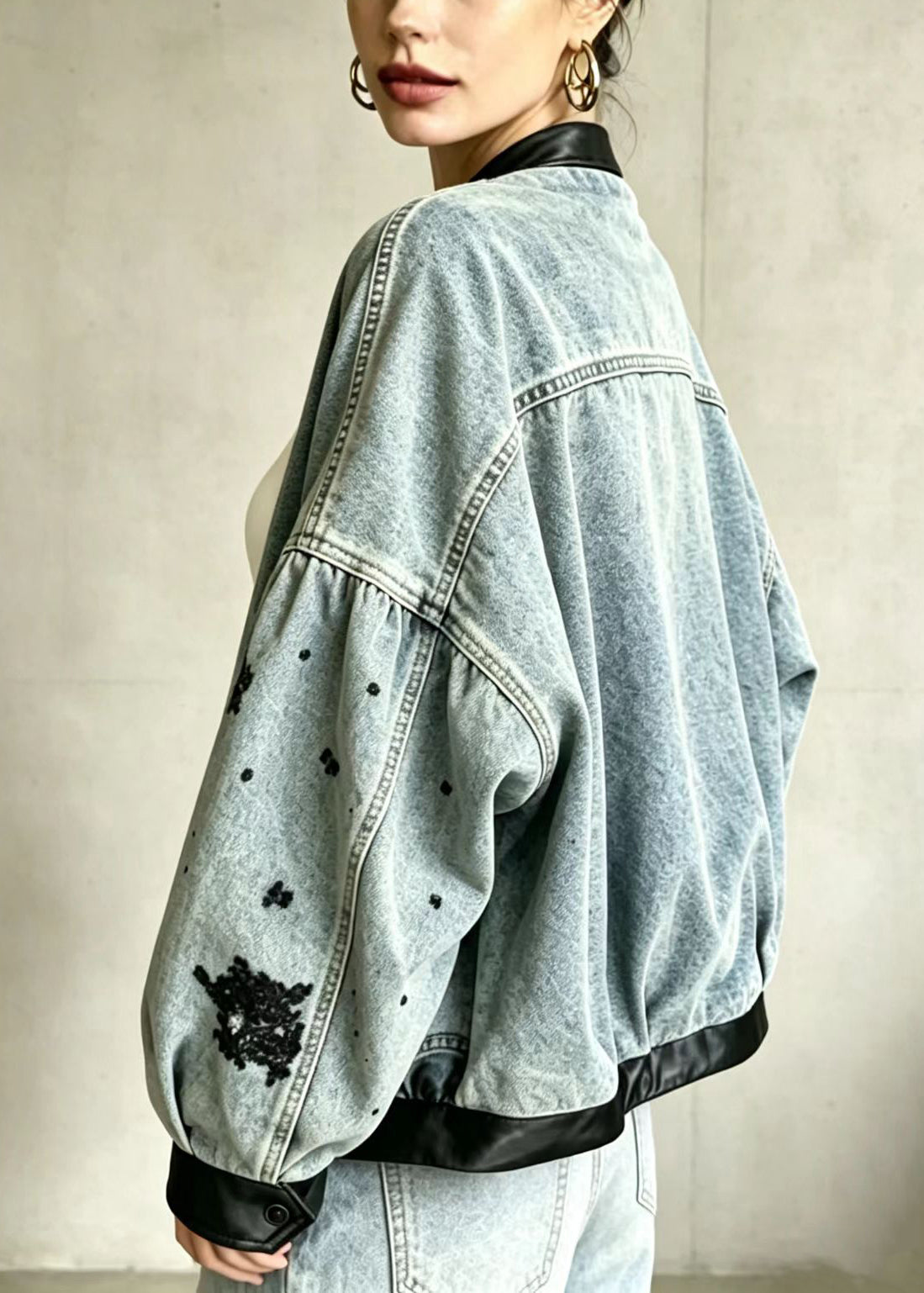 French Blue Sequins Denim Patchwork Faux Leather Jacket Fall
