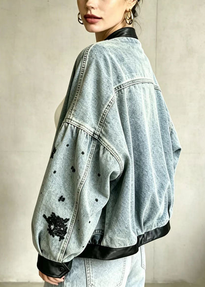 French Blue Sequins Denim Patchwork Faux Leather Jacket Fall