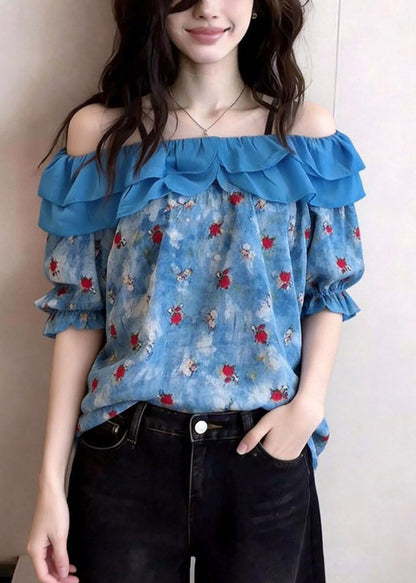 French Blue Slash Neck Ruffled Patchwork Top Short Sleeve