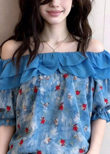 French Blue Slash Neck Ruffled Patchwork Top Short Sleeve