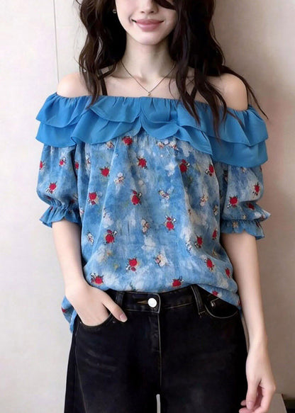 French Blue Slash Neck Ruffled Patchwork Top Short Sleeve