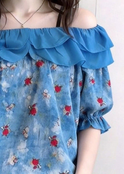 French Blue Slash Neck Ruffled Patchwork Top Short Sleeve
