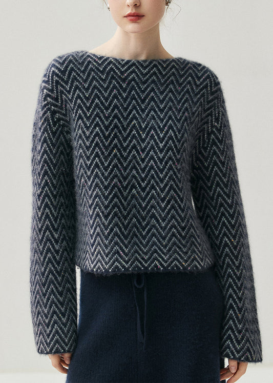 French Blue Slash Neck Striped Thick Cotton Knit Sweaters Spring