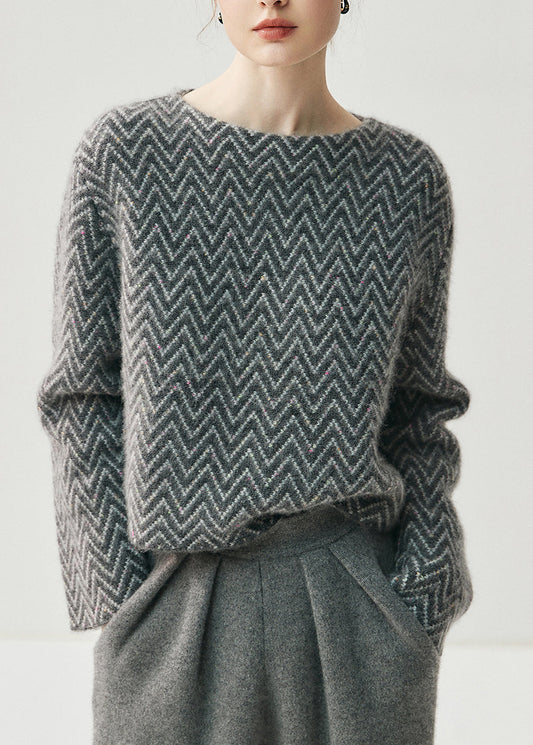 French Blue Slash Neck Striped Thick Cotton Knit Sweaters Spring